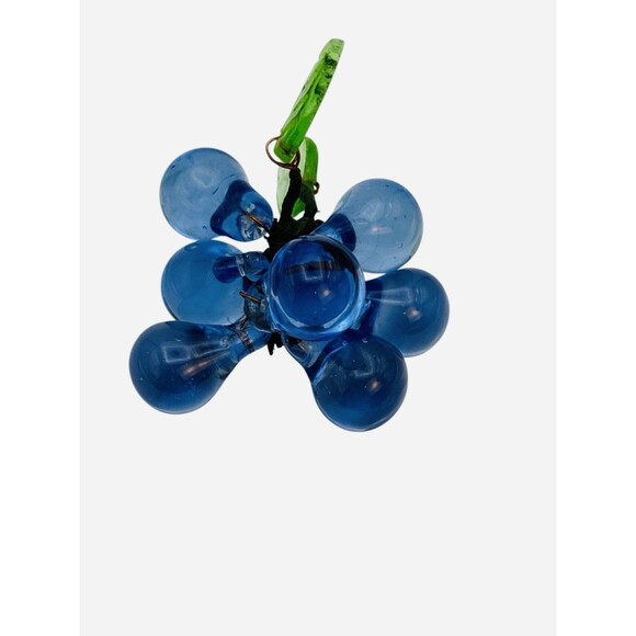 Vintage Hand Blown Art Glass Cobalt Blue 7 Grapes Cluster 2 Glass Leaves - Picture 3 of 7